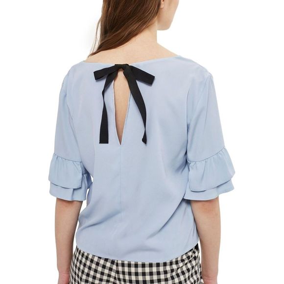 TOPSHOP Pastel Baby Blue Tie Back Ruffle Sleeve v-neck Top Blouse Shirt 2 XS - Picture 1 of 7